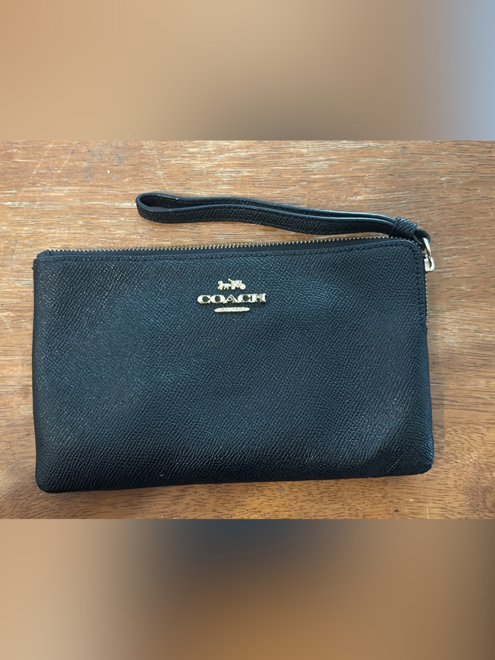 Coach Black Leather Zip Wristlet with Gold Logo